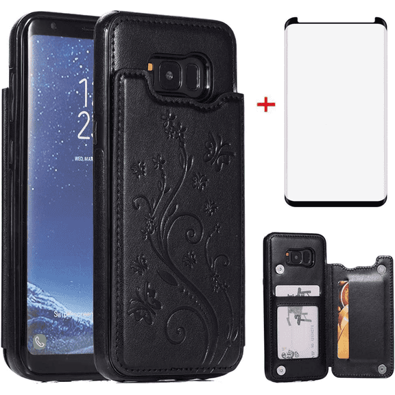 Asuwish Compatible with Samsung Galaxy S8 Wallet Phone Case Tempered Glass Screen Protector and Flower PU Leather Credit Card Holder Stand Slot Cell Cover for S 8 8S Edge SM-G950U Women Men Black