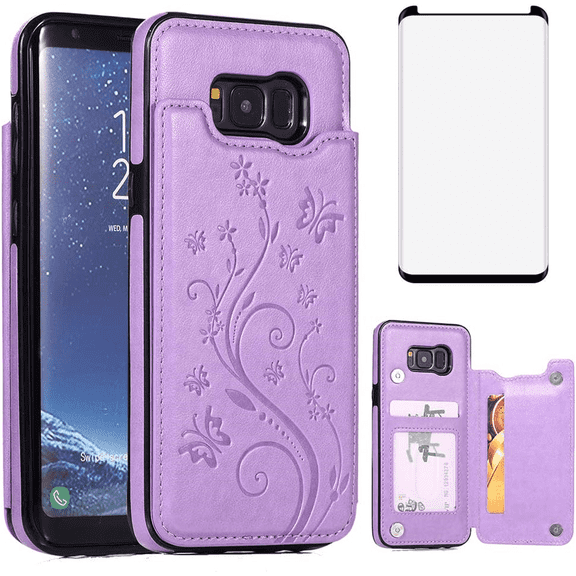 Asuwish Compatible with Samsung Galaxy S8 Wallet Phone Case Tempered Glass Screen Protector and Flower PU Leather Credit Card Holder Stand Slot Cell Cover for S 8 8S Edge SM-G950U Women Men Purple