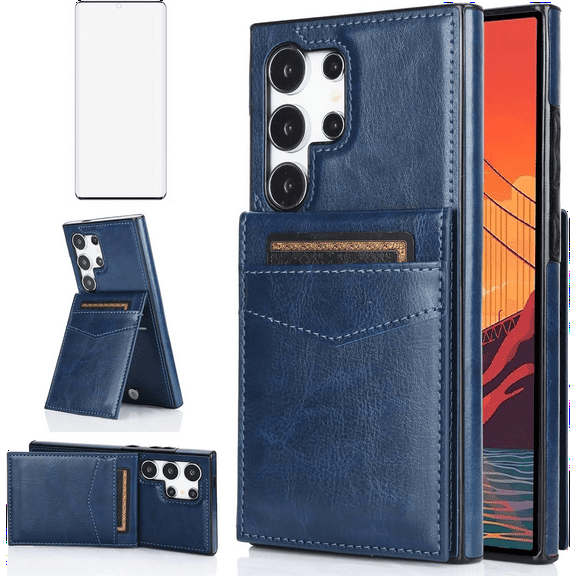 Asuwish Compatible with Samsung Galaxy S24 Ultra 5G Wallet Phone Case Tempered Glass Screen Protector and Wrist Strap Ring RFID Credit Card Holder Cell Cover for S24Ultra 24S S 24 24Ultra Women Blue