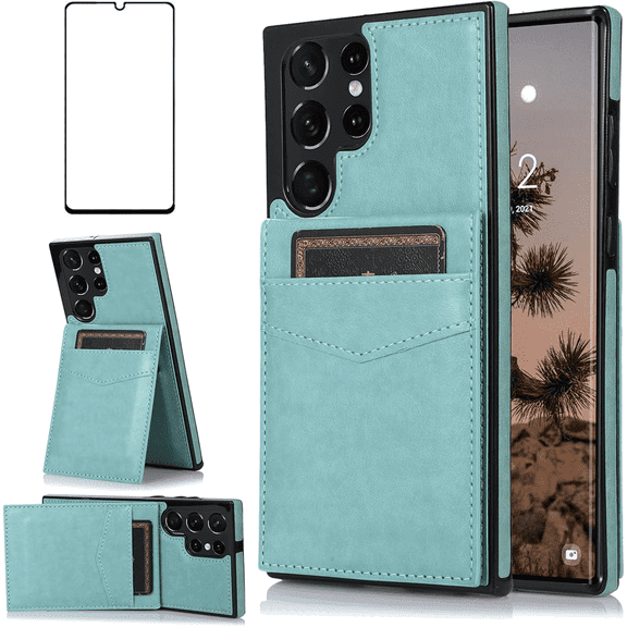 Asuwish Compatible with Samsung Galaxy S22 Ultra 5G Wallet Phone Case Tempered Glass Screen Protector and Wrist Strap Ring RFID Card Holder Cell Cover for S22ultra 22S S 22 S22ultra5g 6.8 Women Teal