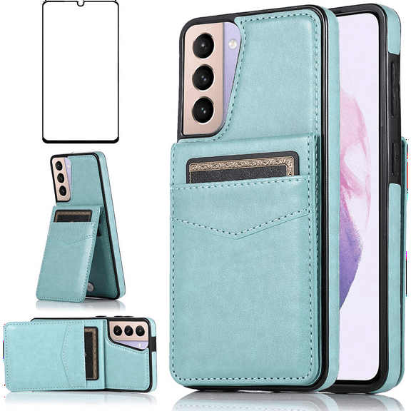 Asuwish Compatible with Samsung Galaxy S21 5G 6.2 inch Wallet Phone Case Tempered Glass Screen Protector and Wrist Strap Ring RFID Credit Card Holder PU Leather Cell Cover for S 21 21S G5 Women Teal