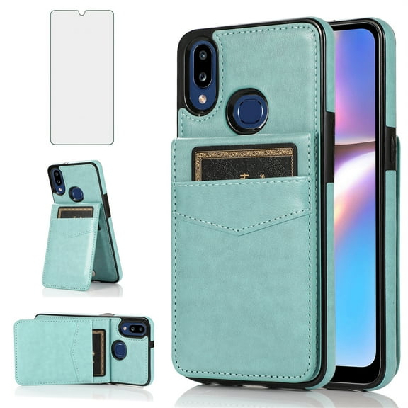 Asuwish Compatible with Samsung Galaxy A40 Wallet Phone Case Tempered Glass Screen Protector and Crossbody Wrist Strap Ring RFID Credit Card Holder PU Leather Cell Cover for A 40 40A Women Girls Teal