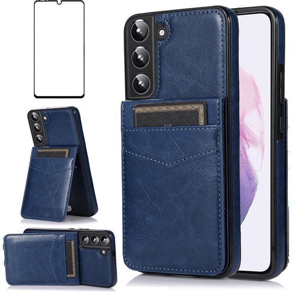 Asuwish Compatible with Samsung Galaxy S22 Plus S22+ 5G Wallet Phone Case Tempered Glass Screen Protector and Wrist Strap Ring RFID Card Holder Cell Cover for S22+5G S22plus 22S + S 22 22+ Women Blue