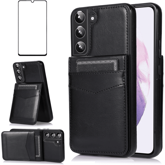 Asuwish Compatible with Samsung Galaxy S22 Plus S22+ 5G Wallet Phone Case Tempered Glass Screen Protector and Ring RFID Card Holder PU Leather Cell Cover for S22+5G S22plus 22S + S 22 22+ Women Black