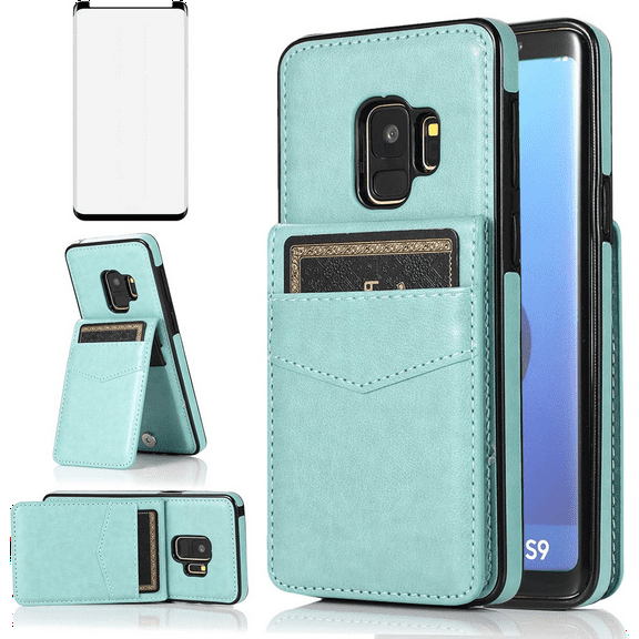 Asuwish Compatible with Samsung Galaxy S9 Wallet Phone Case Tempered Glass Screen Protector and Crossbody Wrist Strap Ring RFID Credit Card Holder PU Leather Cell Cover for S 9 Edge 9S GS9 Women Teal
