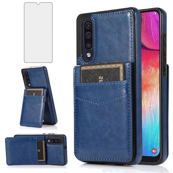 Asuwish Screen Protector Included PU Leather Soft Shell Wallet Cell Phone Case with Screen Protector for Samsung Galaxy A50, Blue