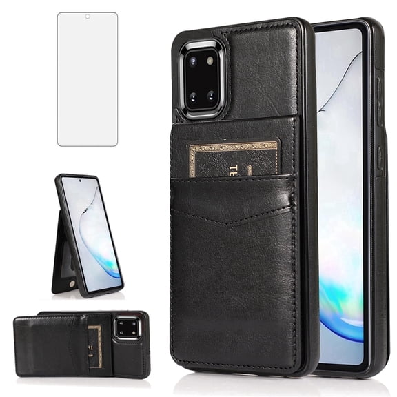 Asuwish Screen Protector Included PU Leather Soft Shell Wallet Cell Phone Case with Screen Protector for Samsung Galaxy A81, Black