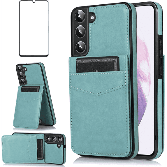 Asuwish Screen Protector Included PU Leather Soft Shell Wallet Cell Phone Case with Screen Protector for Samsung Galaxy S22, Teal
