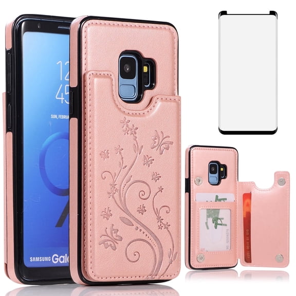 Asuwish Screen Protector Included Flower PU Leather Wallet Cell Phone Case with Tempered Glass Screen Protector for Samsung S9, Pink