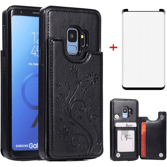 Asuwish Compatible with Samsung Galaxy S9 Wallet Phone Case Tempered Glass Screen Protector and Flower PU Leather Credit Card Holder Stand Slot Mobile Cell Cover for S 9 Edge 9S GS9 Women Men Black