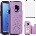 thumbnail image 1 of Asuwish Compatible with Samsung Galaxy S9 Wallet Phone Case Tempered Glass Screen Protector and Flower PU Leather Credit Card Holder Stand Slot Mobile Cell Cover for S 9 Edge 9S GS9 Women Men Purple, 1 of 10