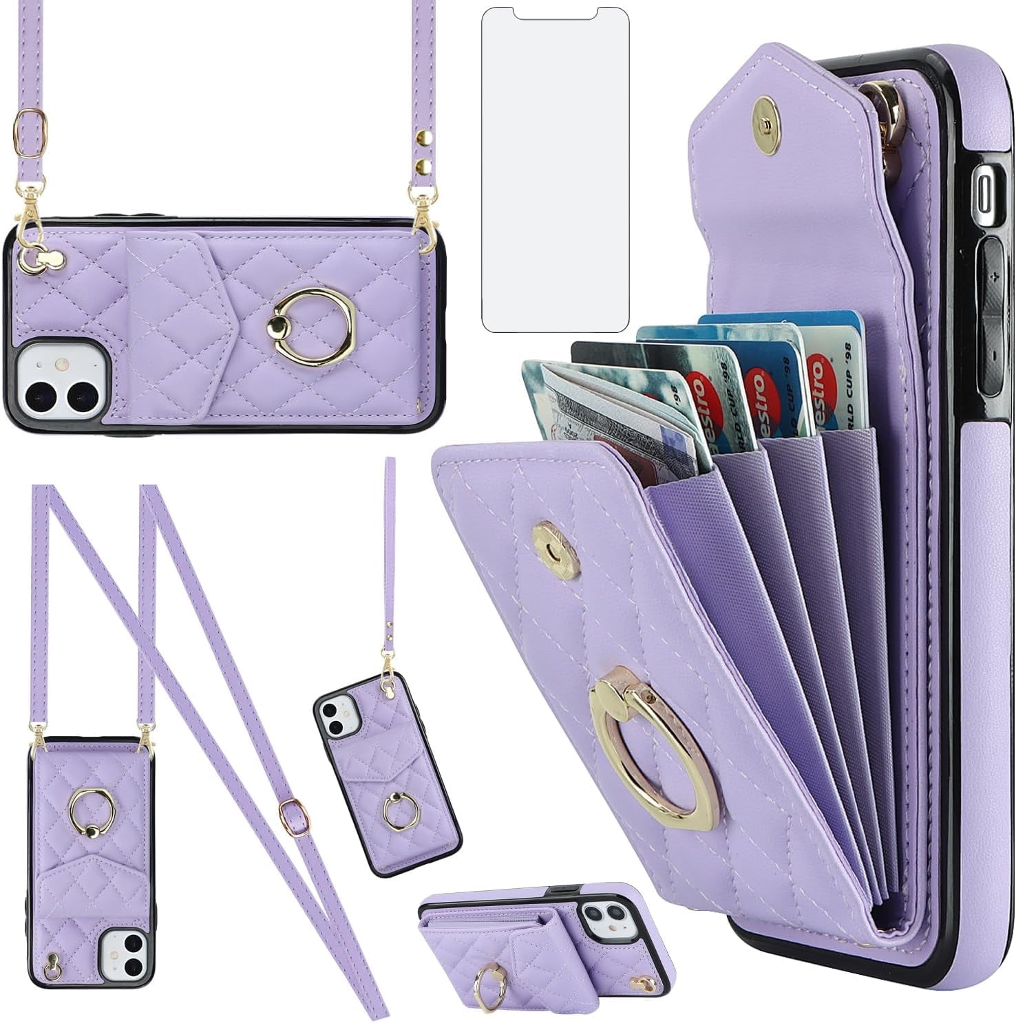 Asuwish Wallet RFID Blocking PU Leather Cell Phone Case with Tempered Glass Screen Protector, Wrist Strap for iPhone 11, Purple