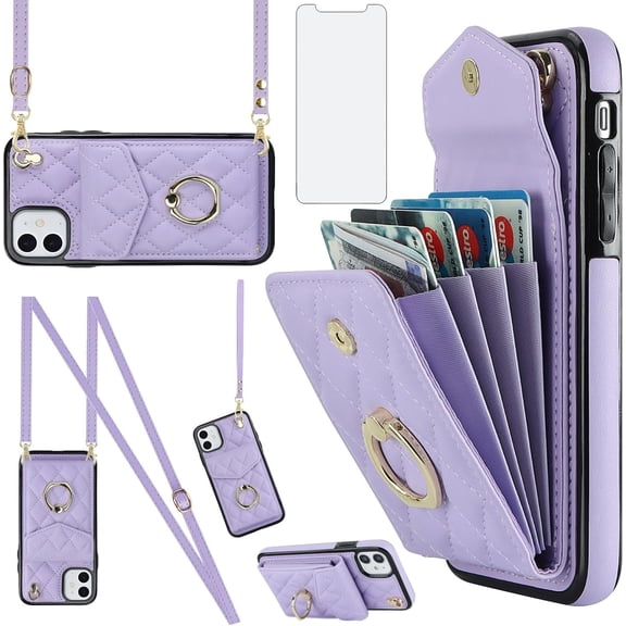 Asuwish Wallet RFID Blocking PU Leather Cell Phone Case with Tempered Glass Screen Protector, Wrist Strap for iPhone 11, Purple