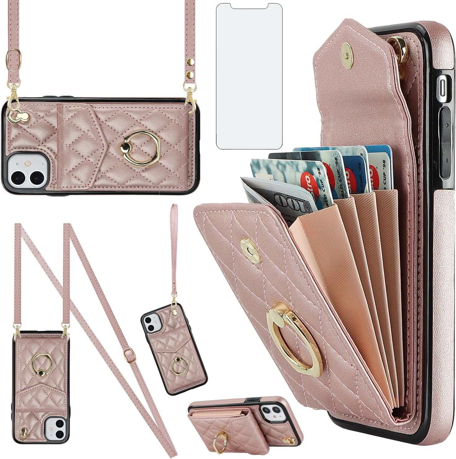 Asuwish Wallet RFID Blocking PU Leather Cell Phone Case with Tempered Glass Screen Protector, Wrist Strap for iPhone 11, Rose Gold