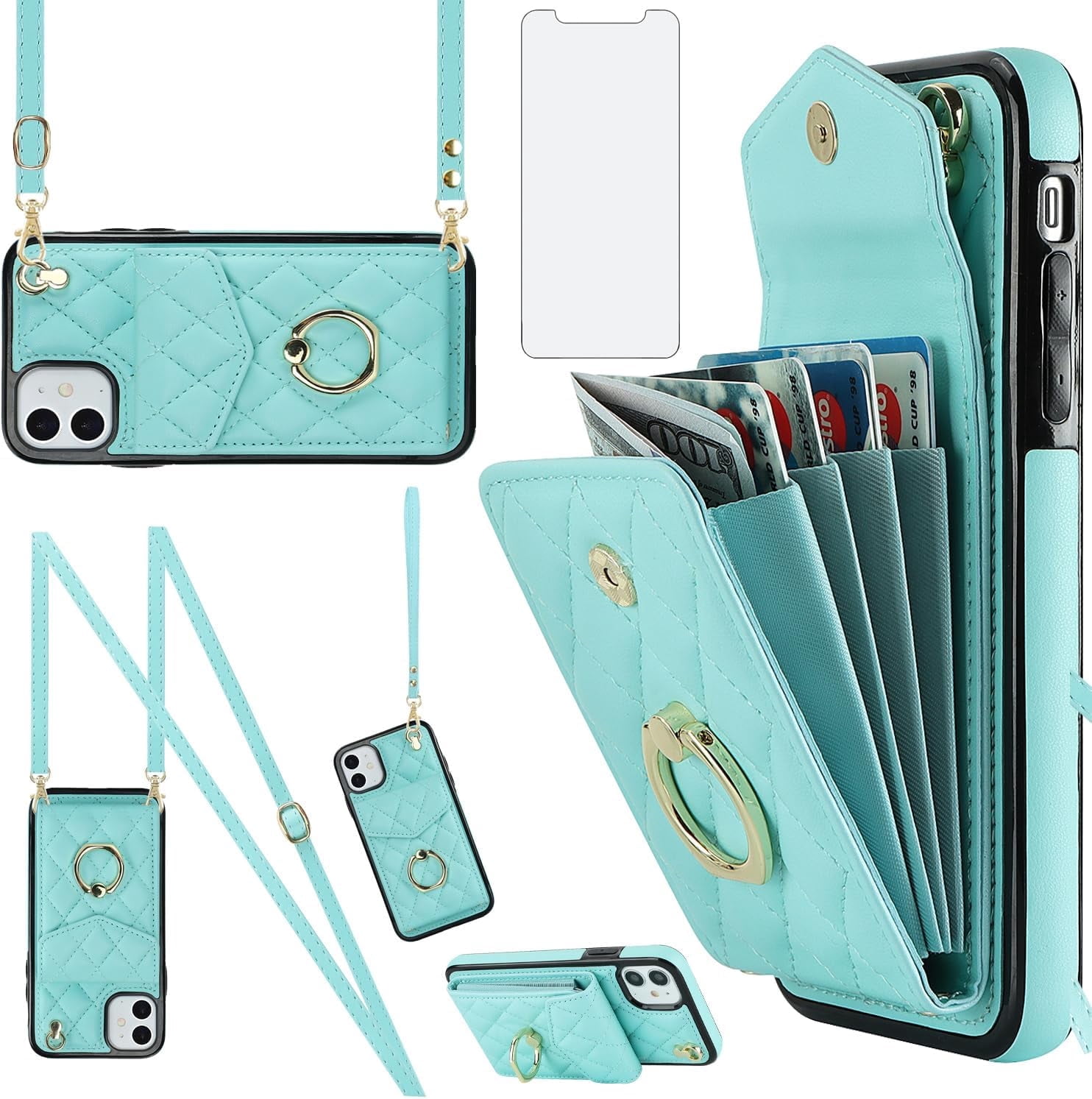 Asuwish Wallet RFID Blocking PU Leather Cell Phone Case with Tempered Glass Screen Protector, Wrist Strap for iPhone 11, Teal