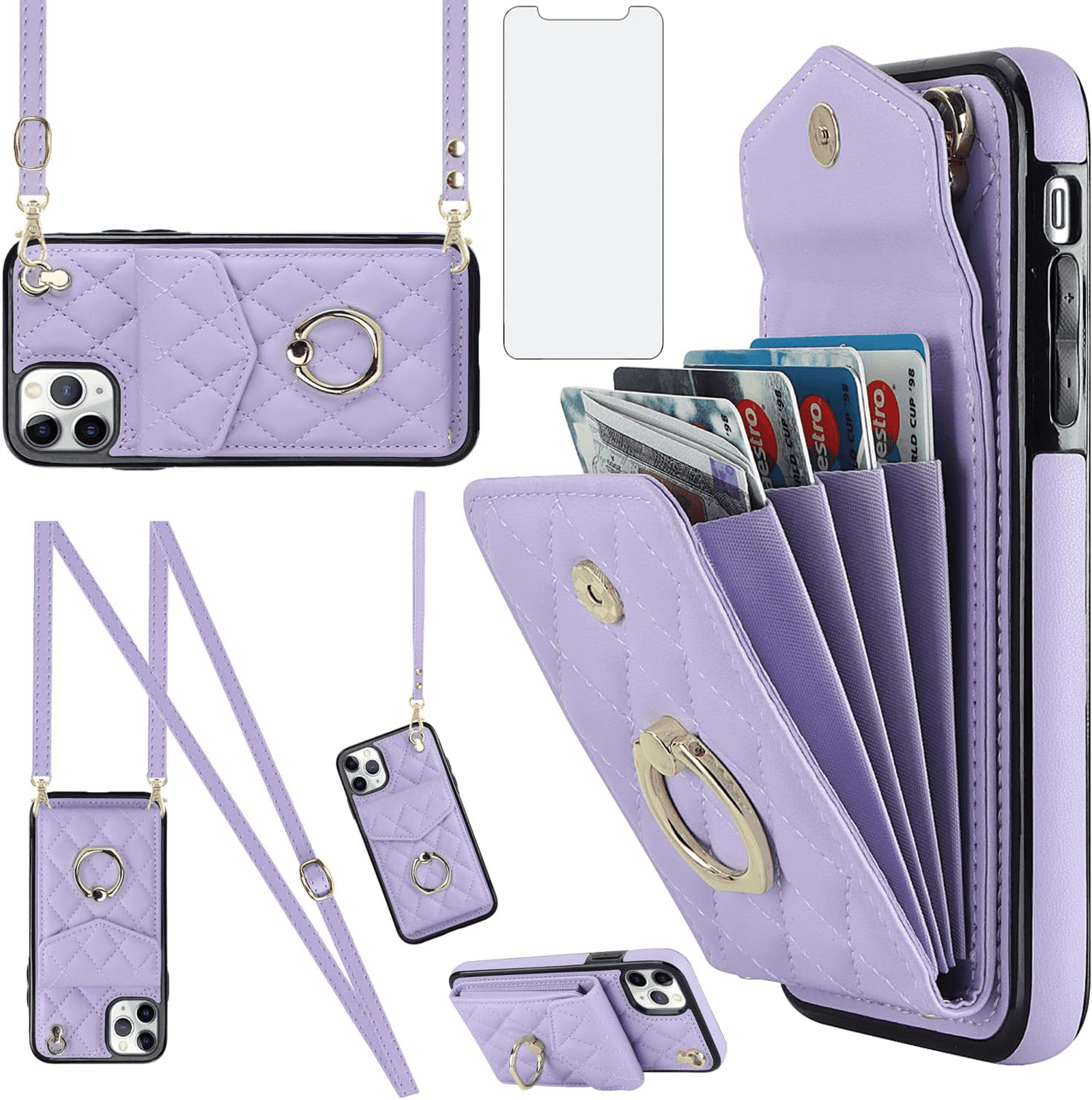 Asuwish Wallet RFID Blocking PU Leather Cell Phone Case with Tempered Glass Screen Protector, Wrist Strap for iPhone 11 Pro, Purple