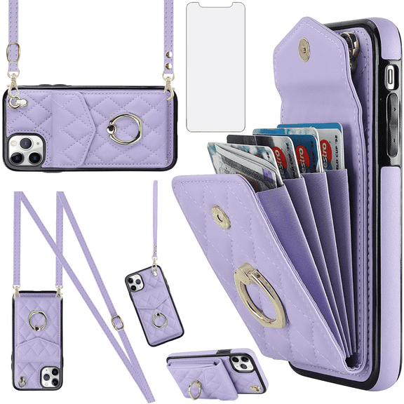 Asuwish Wallet RFID Blocking PU Leather Cell Phone Case with Tempered Glass Screen Protector, Wrist Strap for iPhone 11 Pro, Purple