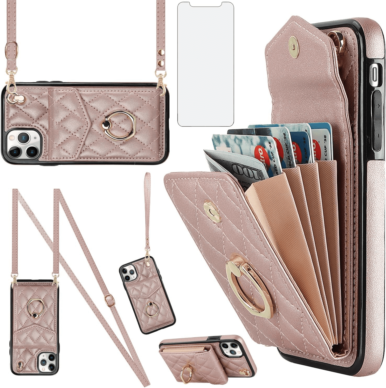 Asuwish Wallet RFID Blocking PU Leather Cell Phone Case with Tempered Glass Screen Protector, Wrist Strap for iPhone 11 Pro, Rose Gold