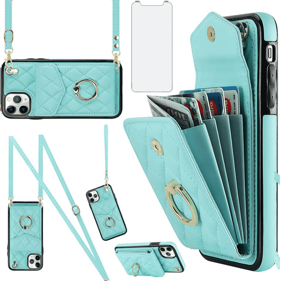 Asuwish Compatible with iPhone 11 Pro Max 6.5 Wallet Phone Case Tempered Glass Screen Protector and Wrist Strap Ring RFID Credit Card Holder Cell Cover for iPhone11 11pro Promax i XI Plus Women Teal