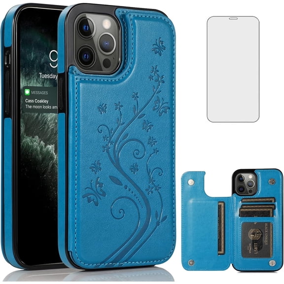 Asuwish Compatible with iPhone 11 Pro Max 6.5 Wallet Phone Case Tempered Glass Screen Protector and Flower PU Leather Credit Card Holder Stand Cell Cover for iPhone11 11pro Promax i XI Plus Men Blue