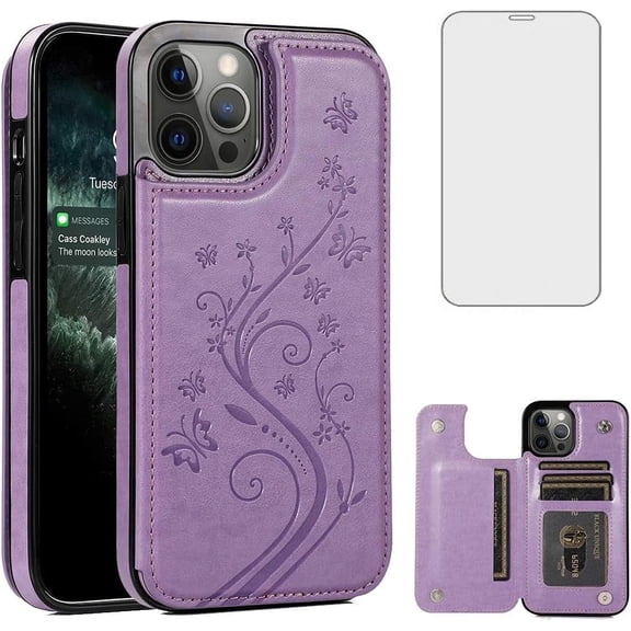 Asuwish Compatible with iPhone 11 Pro Max 6.5 Wallet Phone Case Tempered Glass Screen Protector and Flower PU Leather Credit Card Holder Stand Cell Cover for iPhone11 11pro Promax i XI Plus Purple