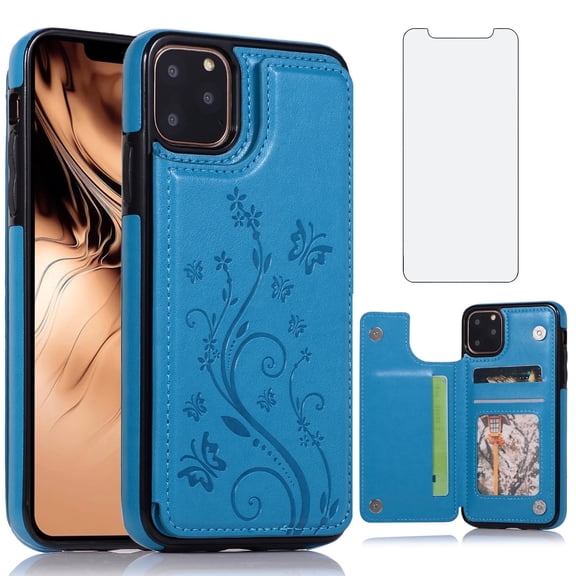 Asuwish Compatible with iPhone 11 Pro 5.8 Wallet Phone Case Tempered Glass Screen Protector and Flower PU Leather Credit Card Holder Stand Cell Cover for iPhone11pro iPhone11 i XI 11s 11pro Men Blue