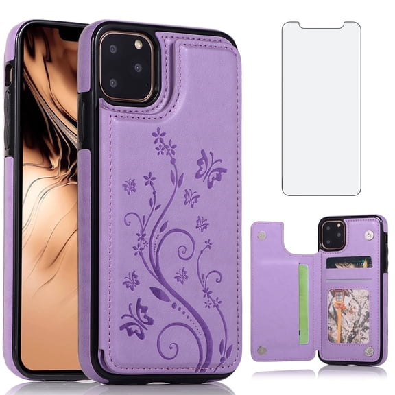 Asuwish Compatible with iPhone 11 Pro 5.8 Wallet Phone Case Tempered Glass Screen Protector and Flower PU Leather Credit Card Holder Stand Cell Cover for iPhone11pro iPhone11 i XI 11s 11pro Purple