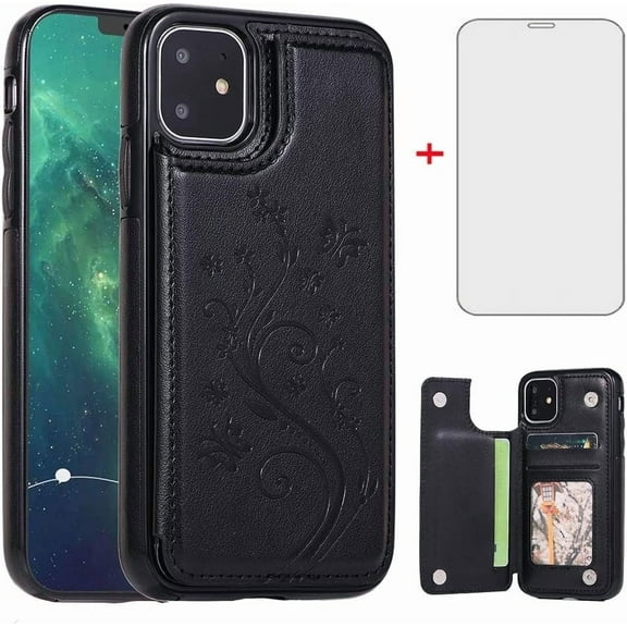 Asuwish Compatible with iPhone 11 6.1 Wallet Phone Case Tempered Glass Screen Protector and Flower PU Leather Credit Card Holder Stand Cell Cover for iphone11case iPhone11 i Phone11 11s XI 11R Black