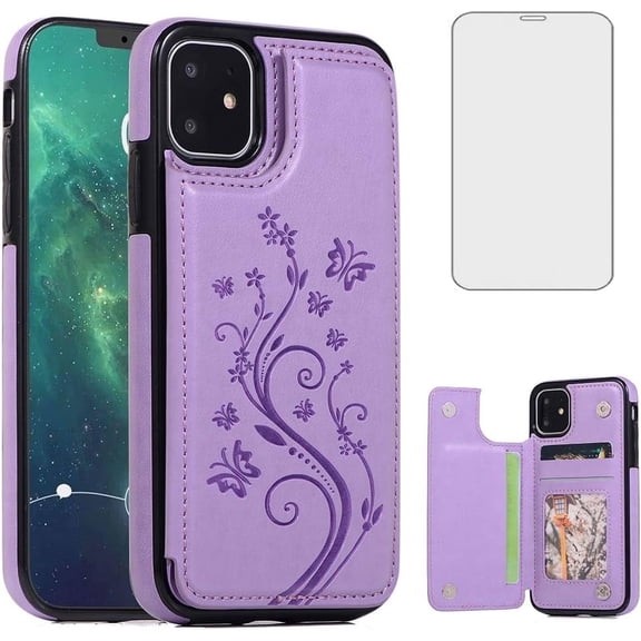 Asuwish Compatible with iPhone 11 6.1 Wallet Phone Case Tempered Glass Screen Protector and Flower PU Leather Credit Card Holder Stand Cell Cover for iphone11case iPhone11 i Phone11 11s XI 11R Purple