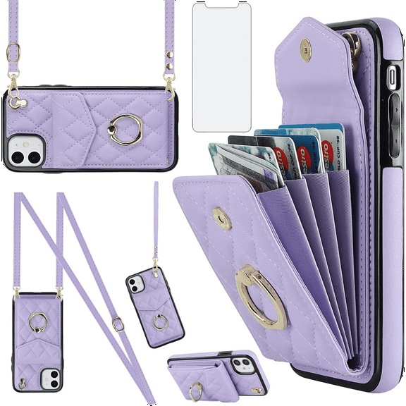 Asuwish Compatible with iPhone 12 Pro iPhone12 6.1 Wallet Phone Case Tempered Glass Screen Protector and Wrist Strap Ring RFID Card Holder Cell Cover for iPhone12pro 5G i 12s 12pro Women Girls Purple