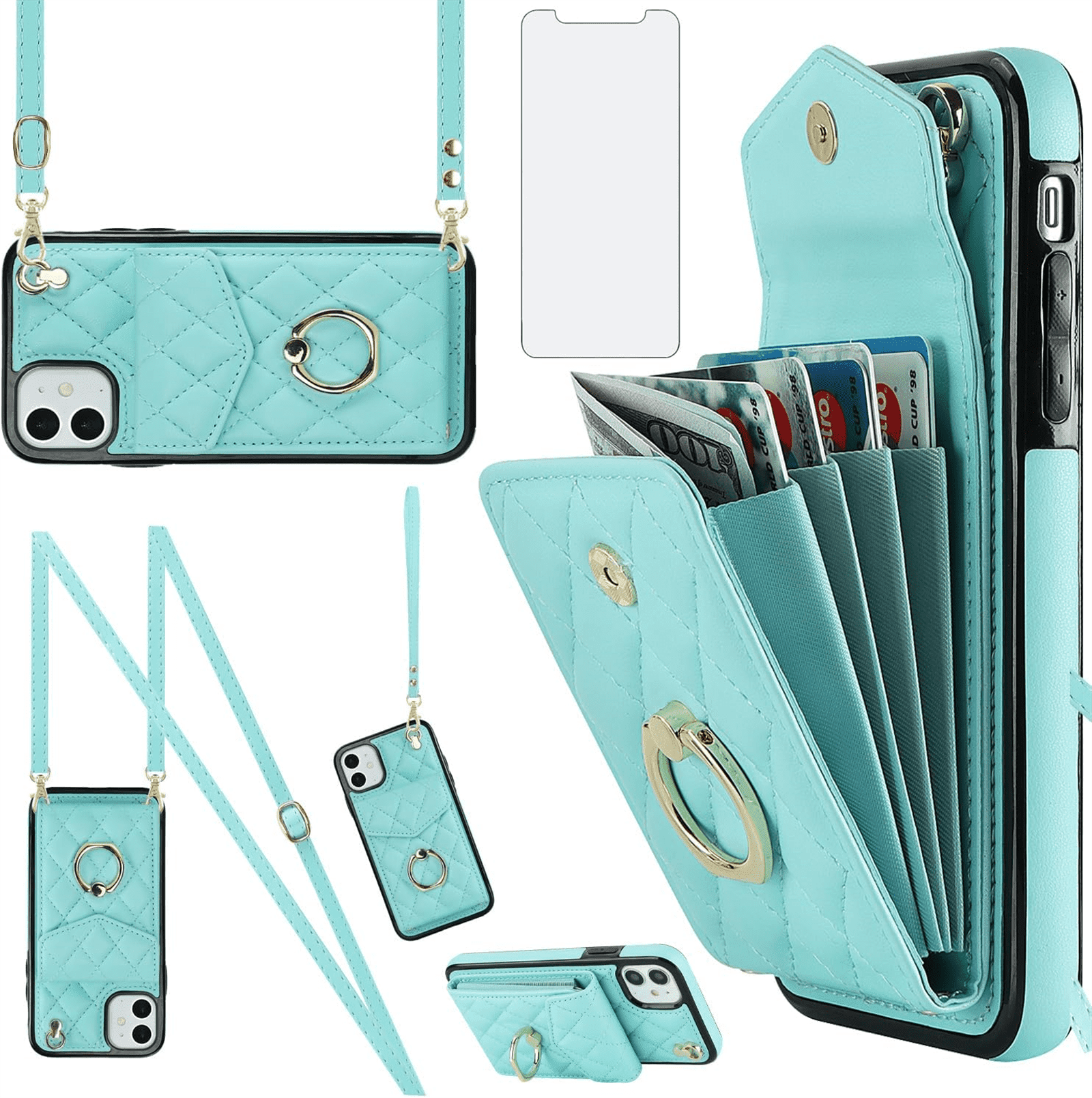 Asuwish Wallet RFID Blocking PU Leather Cell Phone Case with Tempered Glass Screen Protector, Wrist Strap for iPhone 12/12 Pro, Teal