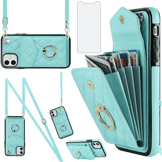 Asuwish Wallet RFID Blocking PU Leather Cell Phone Case with Tempered Glass Screen Protector, Wrist Strap for iPhone 12/12 Pro, Teal