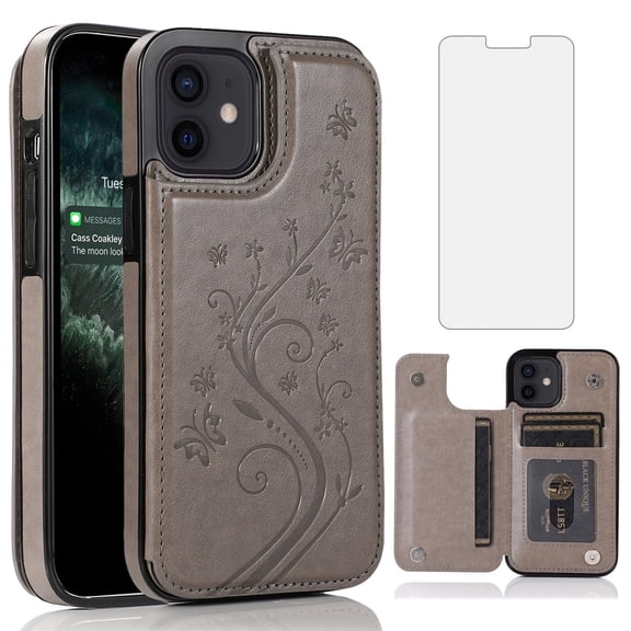 Asuwish Compatible with iPhone 12 Mini 5.4 Wallet Phone Case Tempered Glass Screen Protector and Flower PU Leather Credit Card Holder Stand Cell Cover for iPhone12mini 5G i 12s iPhone12 12mini Grey