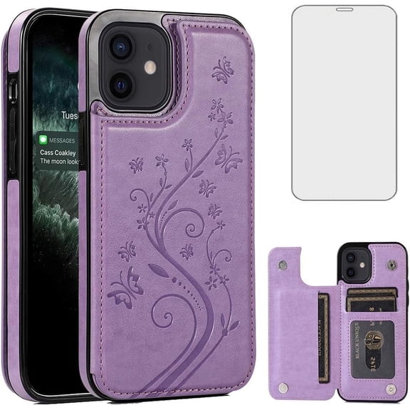 Asuwish Compatible with iPhone 12 Mini 5.4 Wallet Phone Case Tempered Glass Screen Protector and Flower PU Leather Credit Card Holder Stand Cell Cover for iPhone12mini 5G i 12s iPhone12 12mini Purple