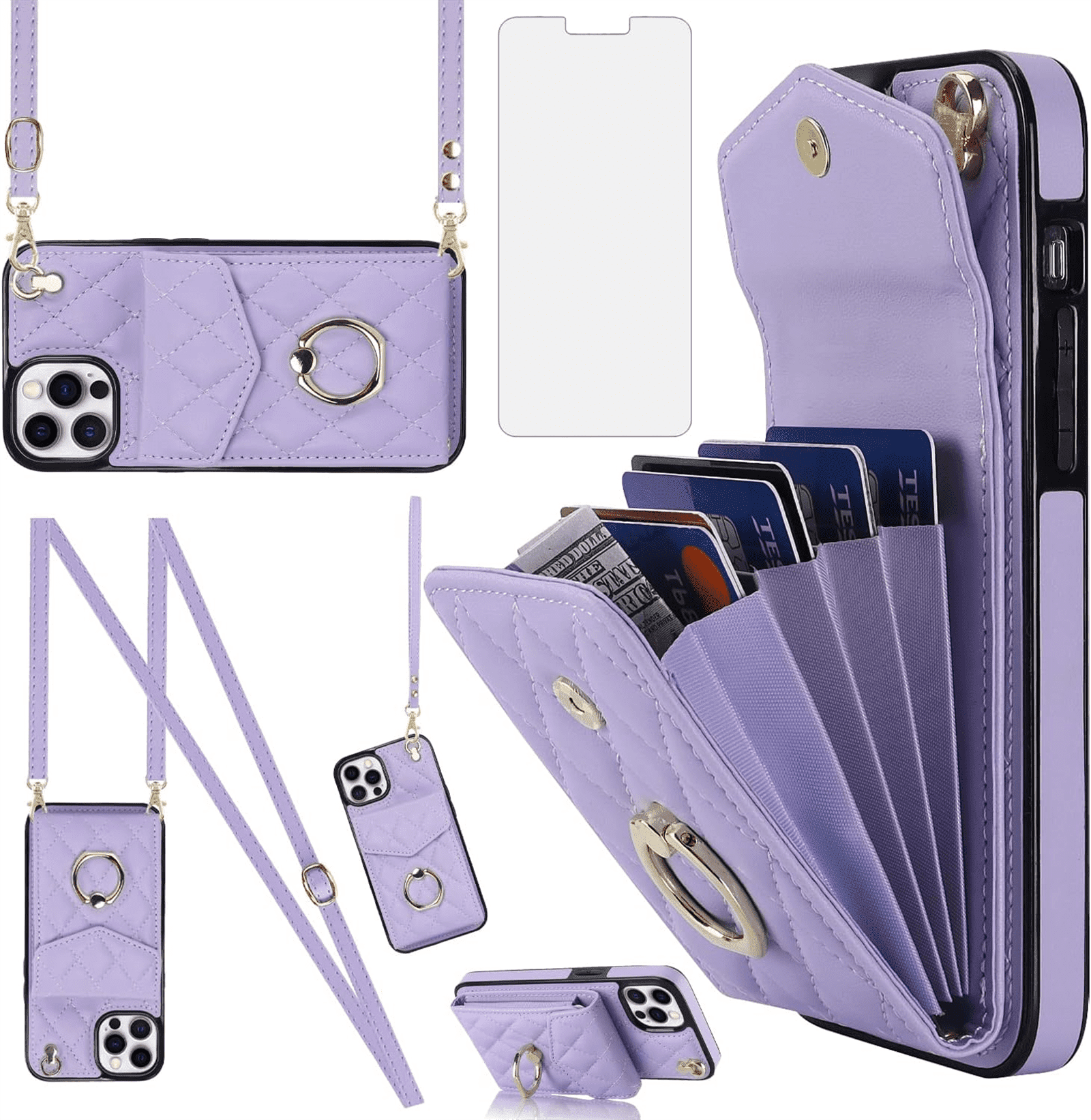 Asuwish Wallet RFID Blocking PU Leather Cell Phone Case with Tempered Glass Screen Protector, Wrist Strap for iPhone 12 Pro Max, Purple
