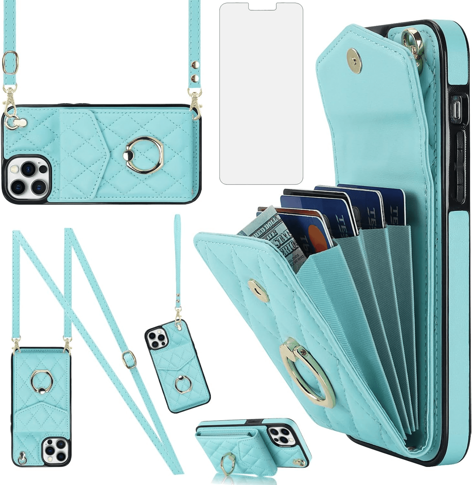 Asuwish Wallet RFID Blocking PU Leather Cell Phone Case with Tempered Glass Screen Protector, Wrist Strap for iPhone 12 Pro Max, Teal
