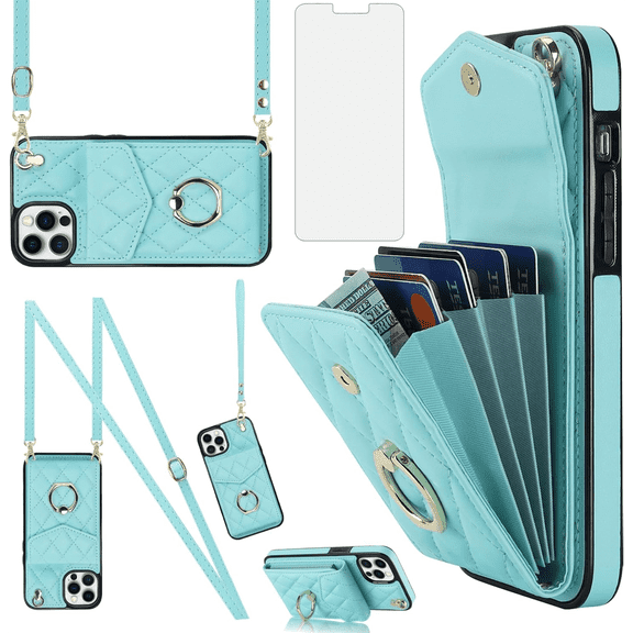 Asuwish Wallet RFID Blocking PU Leather Cell Phone Case with Tempered Glass Screen Protector, Wrist Strap for iPhone 12 Pro Max, Teal