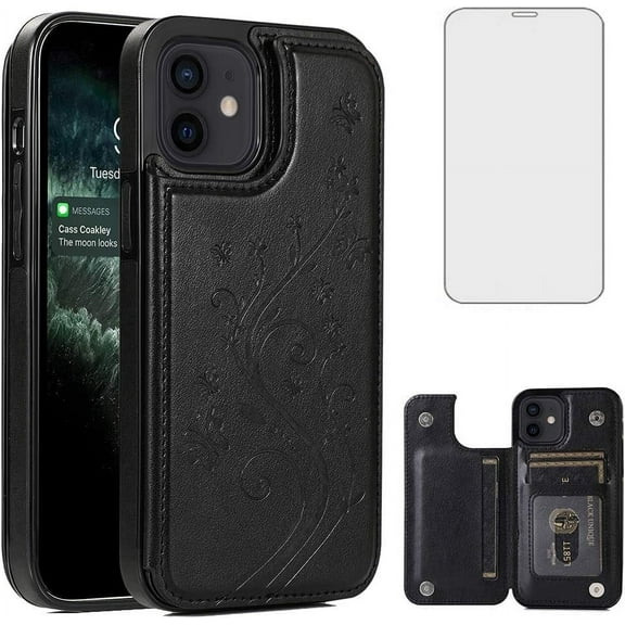 Asuwish Compatible with iPhone 12 Pro iPhone12 6.1 Wallet Phone Case Tempered Glass Screen Protector and Flower PU Leather Credit Card Holder Stand Cell Cover for iPhone12pro 5G i 12s 12pro Men Black