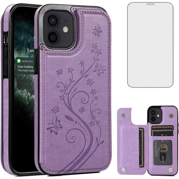 Asuwish Compatible with iPhone 12 Pro iPhone12 6.1 Wallet Phone Case Tempered Glass Screen Protector and Flower PU Leather Credit Card Holder Stand Cell Cover for iPhone12pro 5G i 12s 12pro Purple