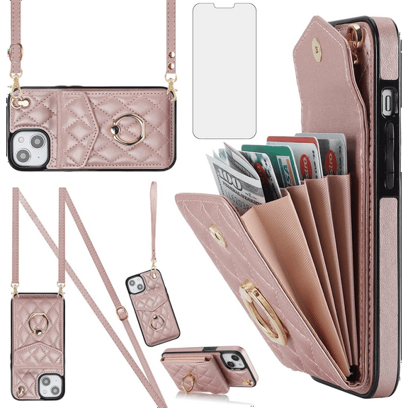 Asuwish Compatible with iPhone 13 6.1 inch Wallet Phone Case Tempered Glass Screen Protector and Wrist Strap Ring RFID Card Holder Cell Cover for iPhone13 5G i i-Phone i13 iPhone13case Women RoseGold