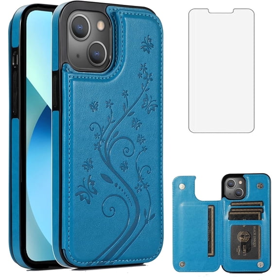 Asuwish Compatible with iPhone 13 Mini 5.4 inch Wallet Phone Case Tempered Glass Screen Protector and Flower Card Holder Stand Cell Cover for iPhone13mini i-Phone 13minicase i iPhone13 13mini Blue