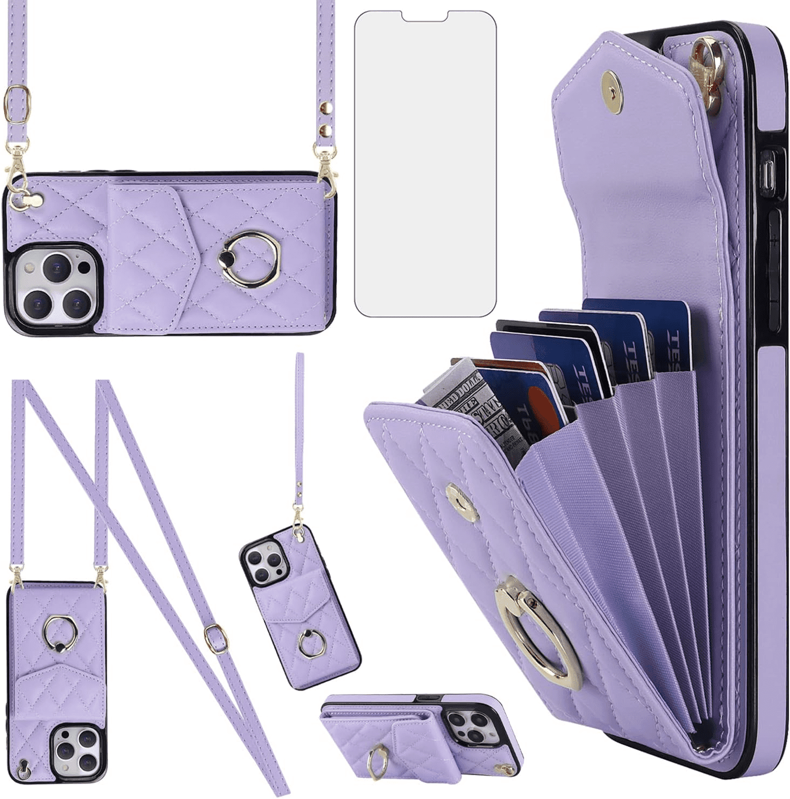 Asuwish Wallet RFID Blocking PU Leather Cell Phone Case with Tempered Glass Screen Protector, Wrist Strap for iPhone 13 Pro Max, Purple
