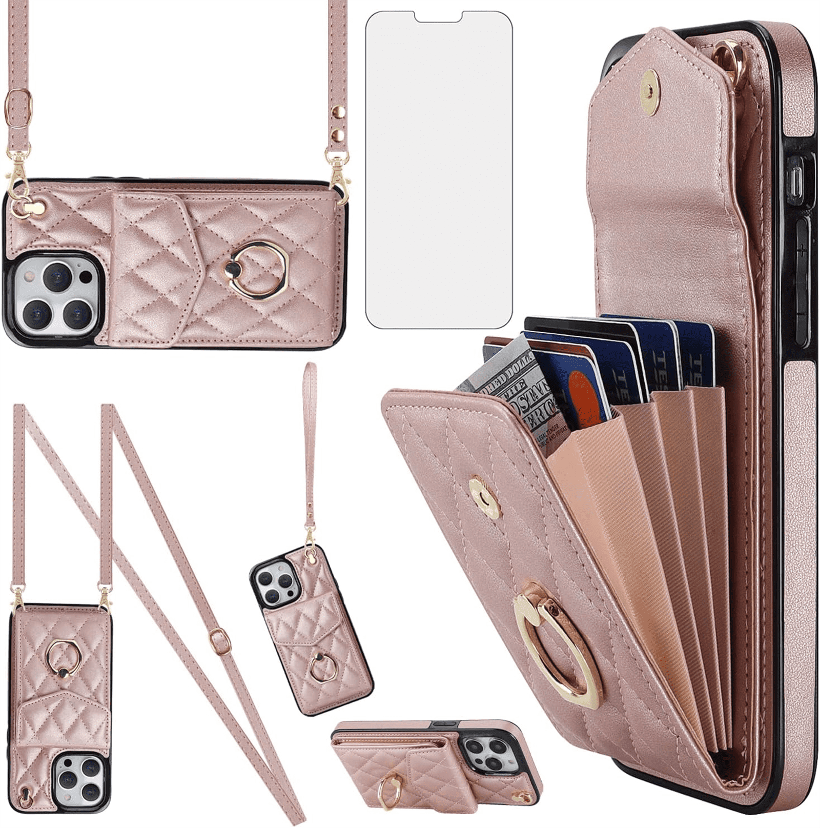 Asuwish Wallet RFID Blocking PU Leather Cell Phone Case with Tempered Glass Screen Protector, Wrist Strap for iPhone 13 Pro Max, Rose Gold