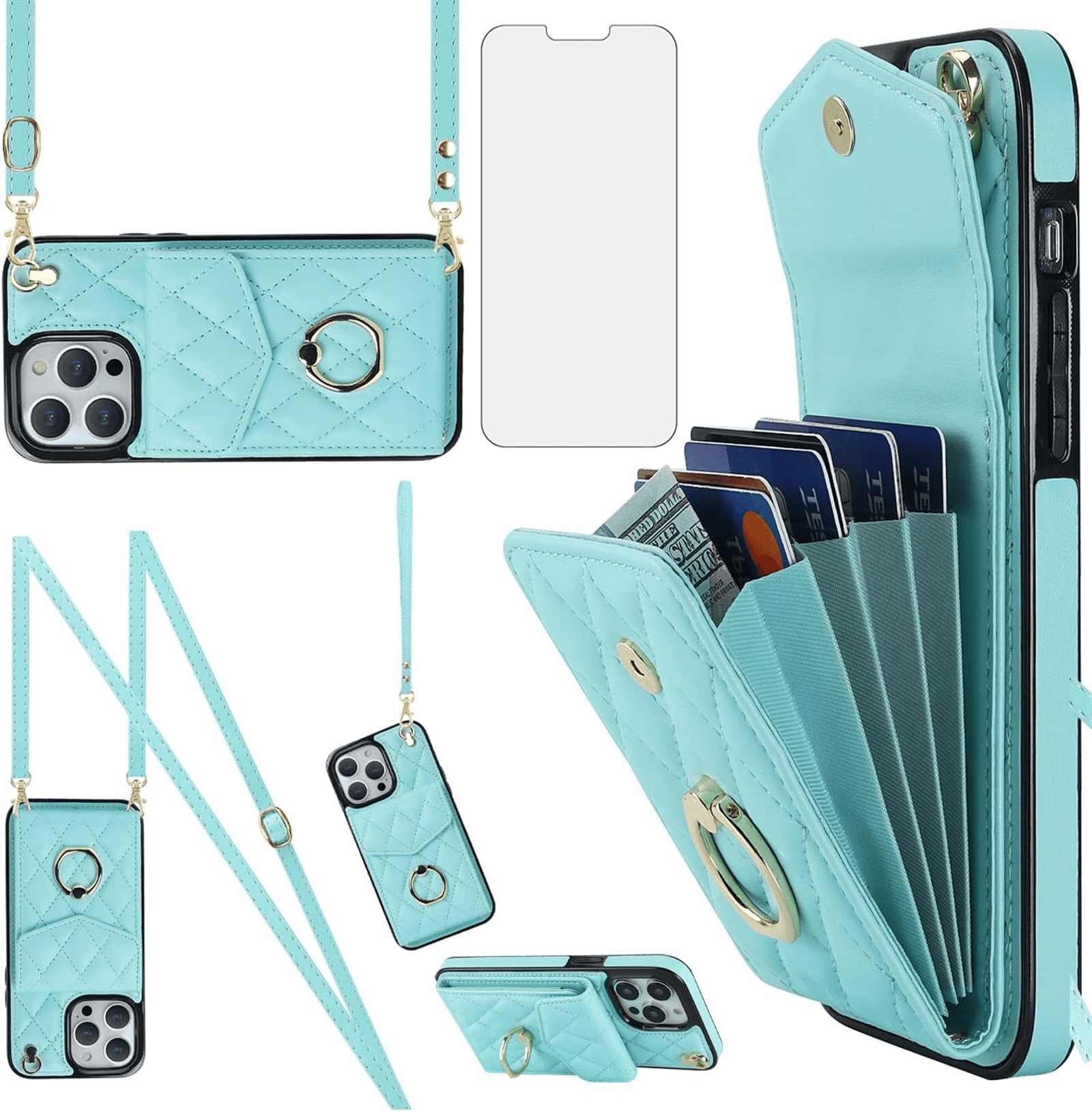 Asuwish Wallet RFID Blocking PU Leather Cell Phone Case with Tempered Glass Screen Protector, Wrist Strap for iPhone 13 Pro Max, Teal