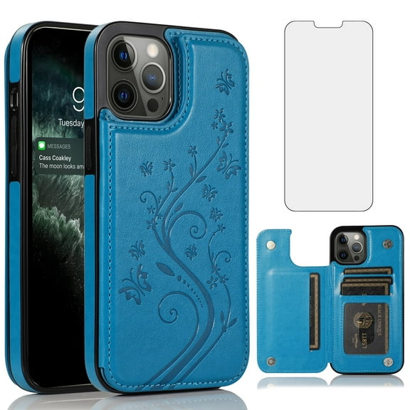 Asuwish Compatible with iPhone 13 Pro Max 2021 6.7 inch Wallet Phone Case Screen Protector and Flower Credit Card Holder Stand Cell Cover for iPhone13promax 5G i Phone13Max Plus iPhone13 ProMax Blue
