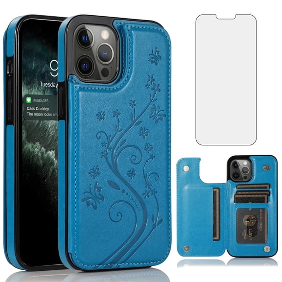 Asuwish Compatible with iPhone 13 Pro 6.1 inch Wallet Phone Case Tempered Glass Screen Protector and Flower Credit Card Holder Stand Cell Cover for iPhone13Pro 5G i i-Phone i13 iPhone13 13Pro Blue