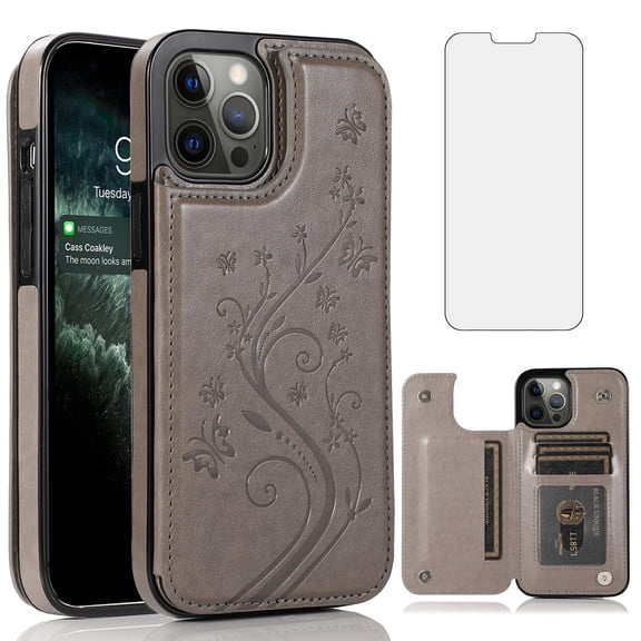 Asuwish Compatible with iPhone 13 Pro 6.1 inch Wallet Phone Case Tempered Glass Screen Protector and Flower Credit Card Holder Stand Cell Cover for iPhone13Pro 5G i i-Phone i13 iPhone13 13Pro Grey
