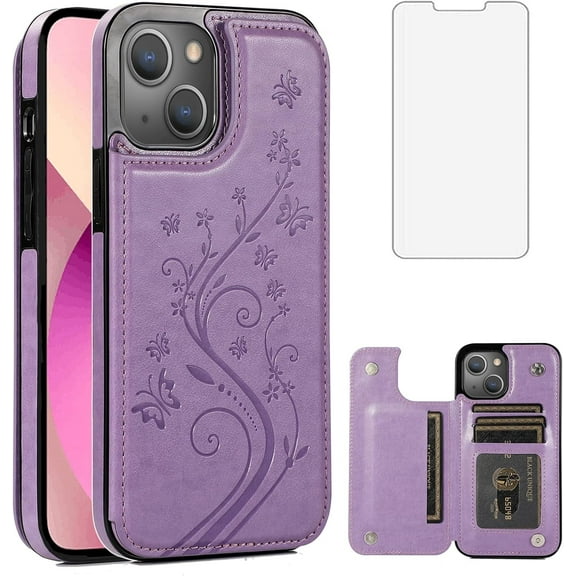 Asuwish Compatible with iPhone 13 6.1 inch Wallet Phone Case Tempered Glass Screen Protector and Flower PU Leather Card Holder Stand Cell Cover for iPhone13 5G i i-Phone i13 iPhone13case Women Purple