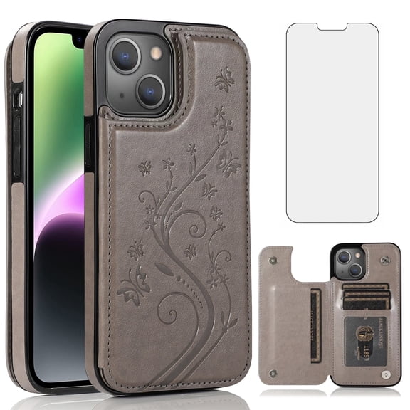 Asuwish Compatible with iPhone 14 Plus 6.7 inch Wallet Phone Case Tempered Glass Screen Protector and Flower Card Holder Stand Cell Cover for i-Phone 14+ iPhone14Plus 5G i i14 + iPhone14 14Plus Grey