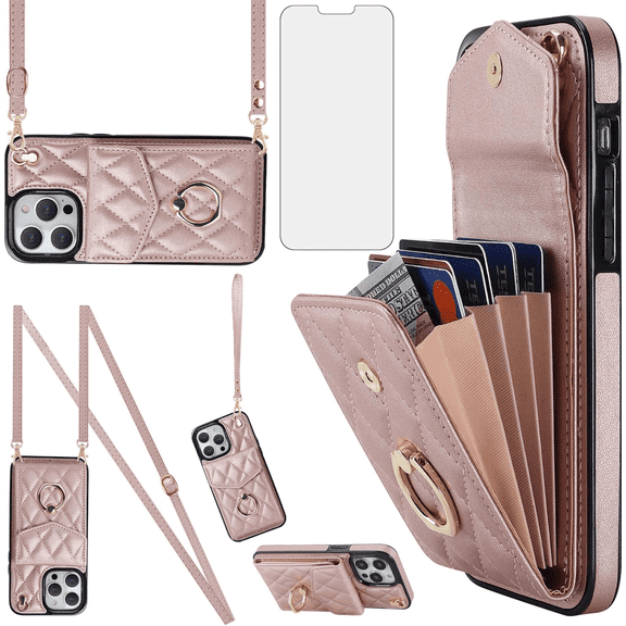 Asuwish Wallet RFID Blocking PU Leather Cell Phone Case with Tempered Glass Screen Protector, Wrist Strap for iPhone 14 Pro, Rose Gold